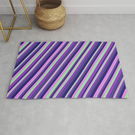 [ Thumbnail: Colorful Light Green, Dark Orchid, Dark Slate Blue, Midnight Blue, Violet Colored Striped Pattern Rug ]
