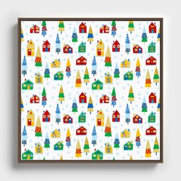 Cartoon winter background with houses Framed Canvas