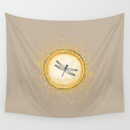 Sketched Dragonfly Gold Circle Pendant on Sand Gray Beige Wall Tapestry