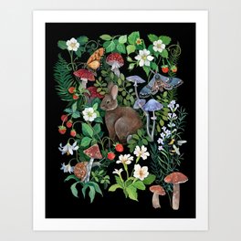 Rabbit and Strawberry Garden Art Print