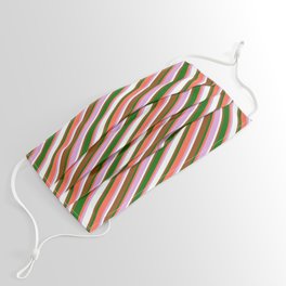 [ Thumbnail: Eye-catching Red, Plum, Mint Cream, Brown, and Dark Green Colored Lined/Striped Pattern Face Mask ]
