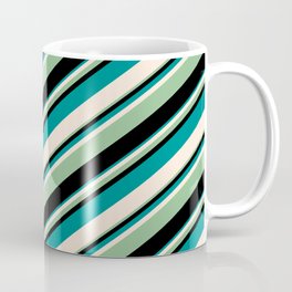 [ Thumbnail: Dark Cyan, Beige, Dark Sea Green, and Black Colored Lines/Stripes Pattern Coffee Mug ]