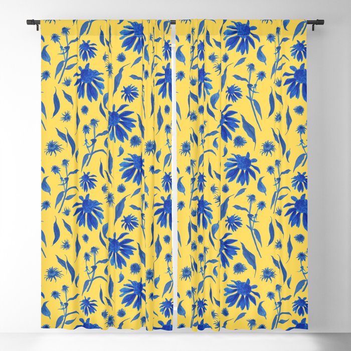 Elegant Blue Yellow Cone Flowers Floral Pattern Blackout Curtain