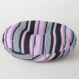 [ Thumbnail: Plum, Slate Gray, and Black Colored Lines Pattern Floor Pillow ]