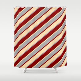 [ Thumbnail: Dark Grey, Dark Red & Tan Colored Lines/Stripes Pattern Shower Curtain ]