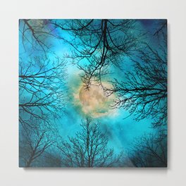 Werewolf Moon Metal Print | Aqua, Trees, Night, Baretrees, Painting, Harvestmoon, Starrysky, Wormseyeview, Nature, Moon 