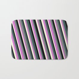 [ Thumbnail: Dark Slate Gray, Grey, Orchid, Beige & Black Colored Stripes Pattern Bath Mat ]
