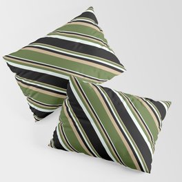 [ Thumbnail: Tan, Dark Olive Green, Mint Cream & Black Colored Stripes Pattern Pillow Sham ]