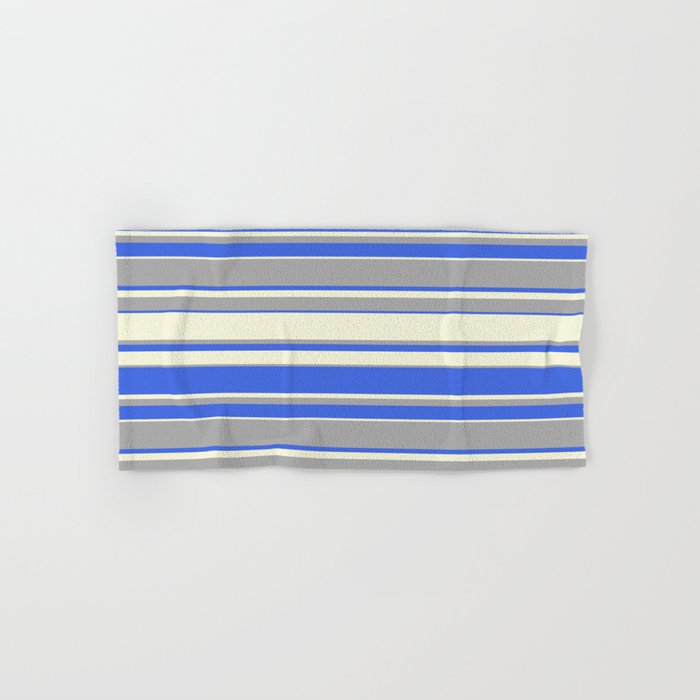 Beige, Dark Grey & Royal Blue Colored Pattern of Stripes Hand & Bath Towel