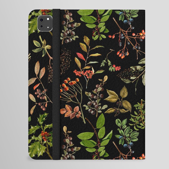 Vintage & Shabby Chic - vintage botanical wildflowers and berries on black iPad Folio Case