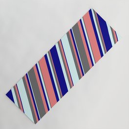 [ Thumbnail: Dim Grey, Light Coral, Dark Blue & Light Cyan Colored Stripes Pattern Yoga Mat ]