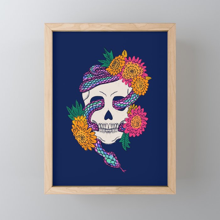 Floral Skull Snake on Midnight Blue Framed Mini Art Print