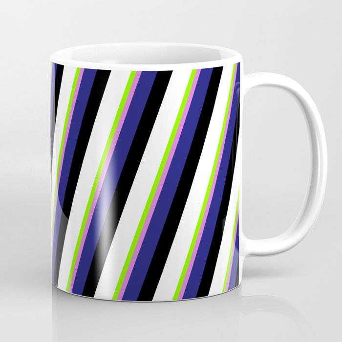 Eyecatching Chartreuse, Orchid, Midnight Blue, Black, and White Colored Lines/Stripes Pattern Coffee Mug