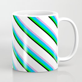 [ Thumbnail: Vibrant White, Plum, Deep Sky Blue, Lime & Black Colored Stripes Pattern Coffee Mug ]