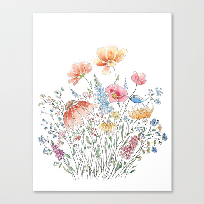 wild flower bouquet and blue bird- ink and watercolor 2 Canvas Print