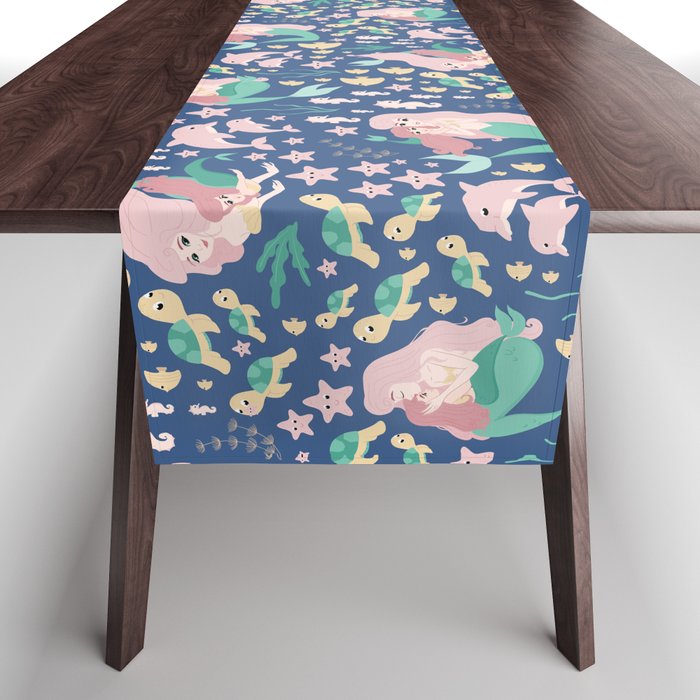 Cute Kawaii Mermaid Mother Daughter Bonding Ocean Dark Version  Table Runner