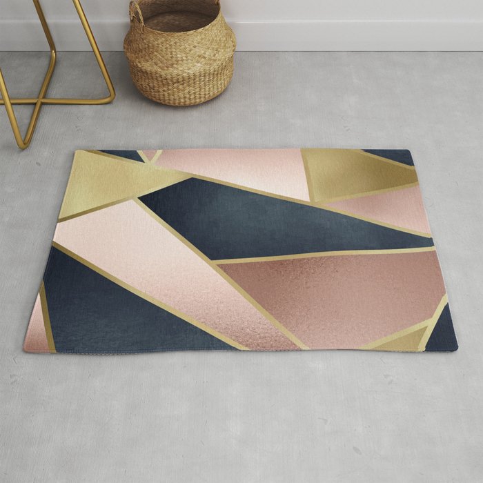 Geometric Art, Rose Gold, Pink and Navy Blue Modern  Rug