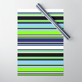 [ Thumbnail: Colorful Light Sky Blue, Chartreuse, Midnight Blue, White & Black Colored Striped/Lined Pattern Wrapping Paper ]