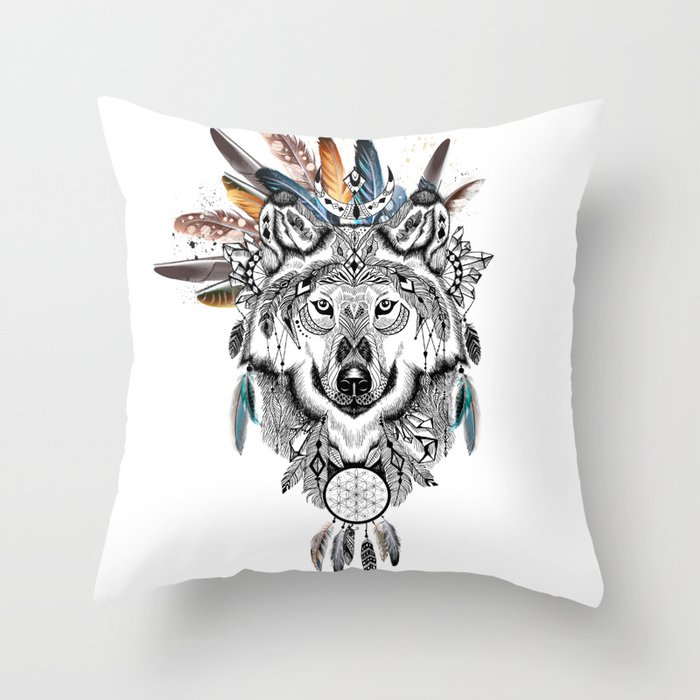 Bohemian Wolf with Feather Headdress Throw Pillow