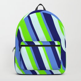 [ Thumbnail: Cornflower Blue, Chartreuse, Light Cyan, and Midnight Blue Colored Lined Pattern Backpack ]