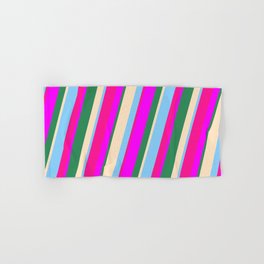 [ Thumbnail: Vibrant Light Sky Blue, Deep Pink, Fuchsia, Sea Green, and Bisque Colored Stripes/Lines Pattern Hand & Bath Towel ]