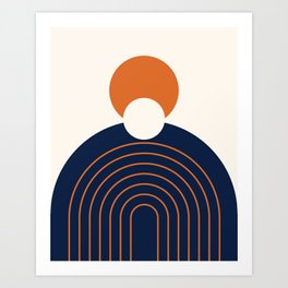 Geometric Lines and Shapes in Vintage Orange and Navy Blue 2 (Sun and Rainbow Abstract) Art Print