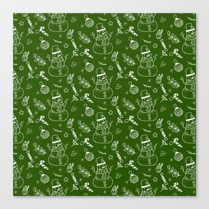 Green and White Christmas Snowman Doodle Pattern Canvas Print