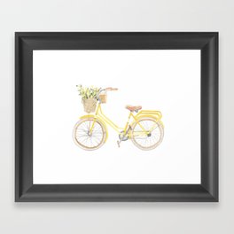 yellow bicycle Framed Art Print | Positivity, Aesthetic, Positive, Watercolour, Bike, Happy, Delicate, Flowers, Elegant, Simple 