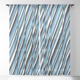 [ Thumbnail: Eyecatching Blue, Sky Blue, Dark Slate Gray, White, and Black Colored Stripes Pattern Sheer Curtain ]
