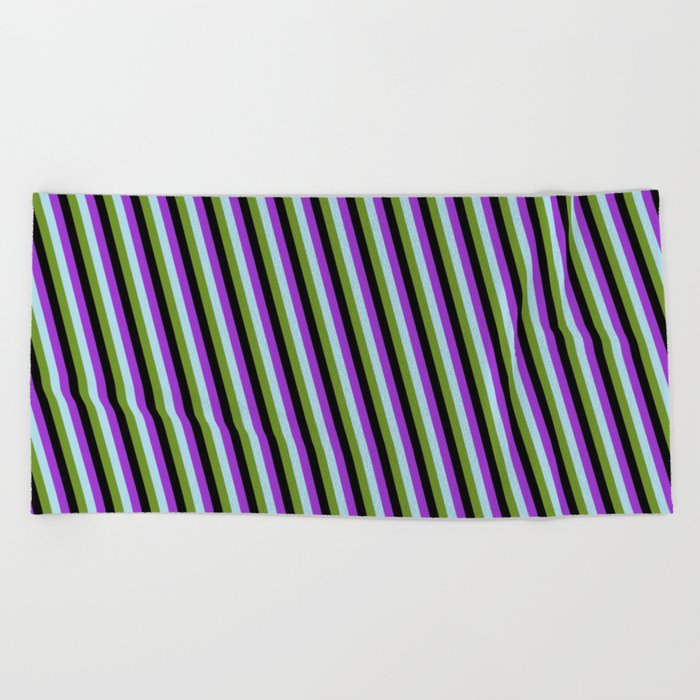 Dark Orchid, Light Blue, Green, and Black Colored Lines Pattern Beach Towel