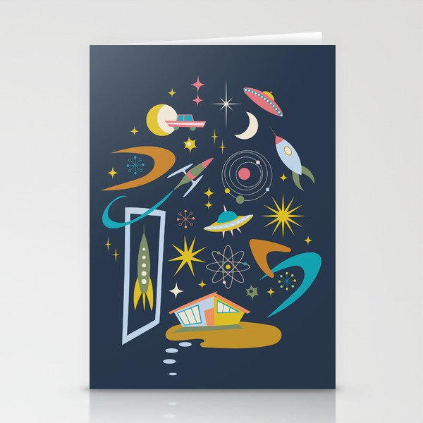 Mid Century Architecture in Space - Retro design in pastels on Navy by Cecca Designs Stationery Cards