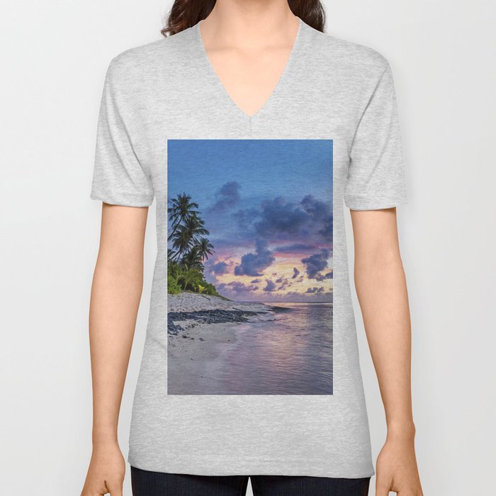 Tropical Beach Sunset V Neck T Shirt