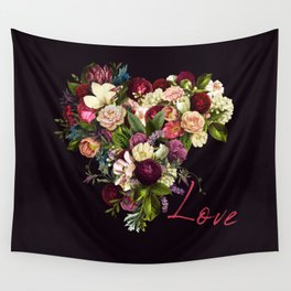 Moody romantic red love script flowers heart shape on dark purple indigo Wall Tapestry