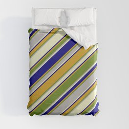 [ Thumbnail: Eyecatching Blue, Goldenrod, Green, Grey & Light Yellow Colored Pattern of Stripes Duvet Cover ]