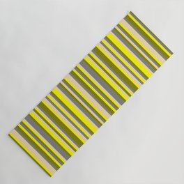 [ Thumbnail: Green, Yellow, Tan & Grey Colored Lined/Striped Pattern Yoga Mat ]