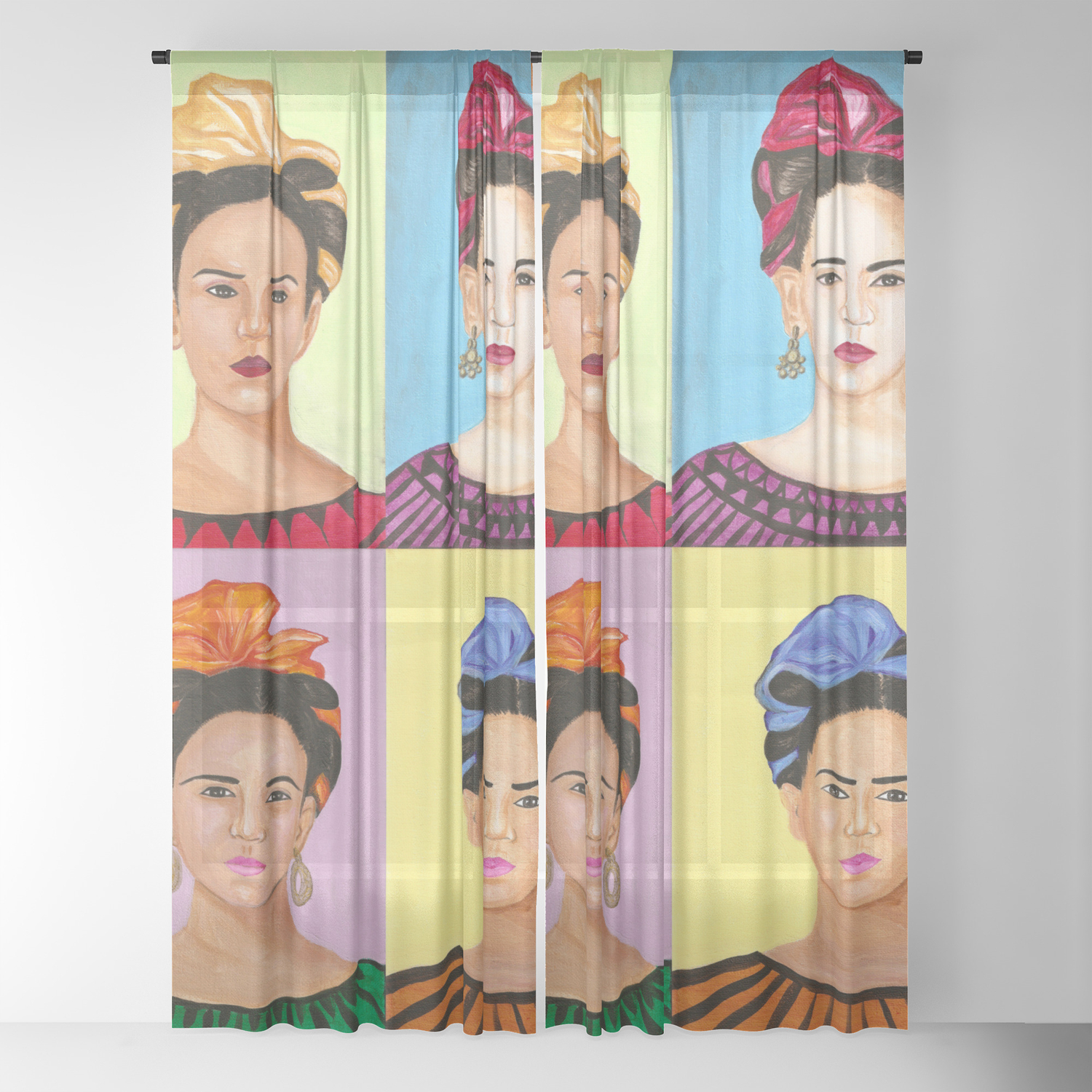 Frida Kahlo Inspired Colorful Pop Art Painting Sheer Curtain By