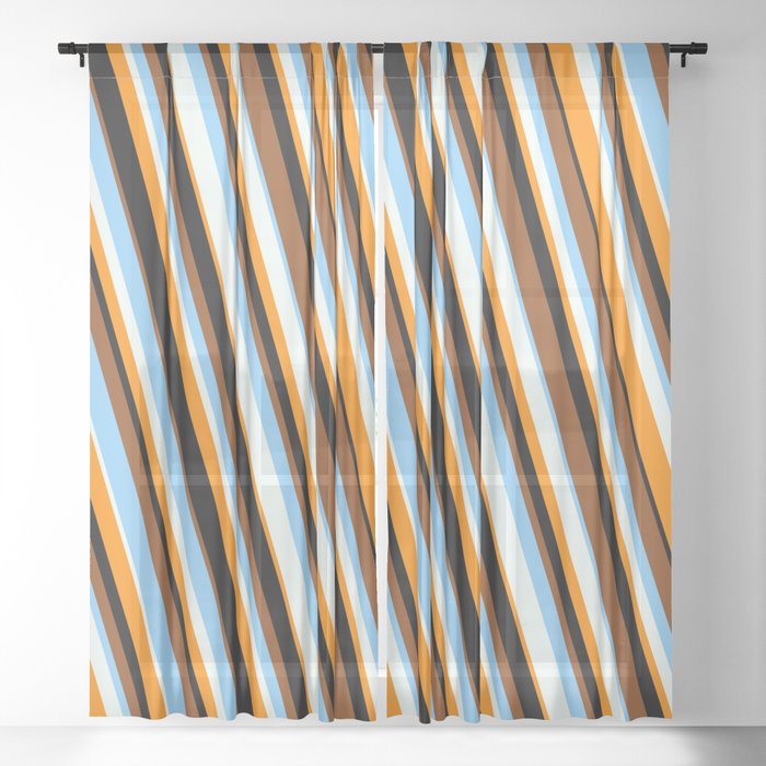 Vibrant Brown, Light Sky Blue, Mint Cream, Dark Orange & Black Colored Stripes/Lines Pattern Sheer Curtain