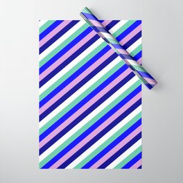 [ Thumbnail: Eyecatching Aquamarine, Blue, Plum, Dark Blue, and White Colored Lines Pattern Wrapping Paper ]