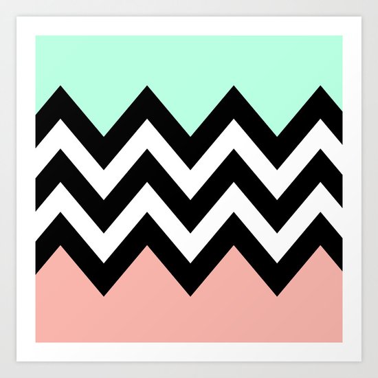 DOUBLE COLORBLOCK CHEVRON {MINT/CORAL/BLACK} Art Print