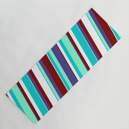 [ Thumbnail: Dark Turquoise, Aquamarine, Dark Slate Blue, Maroon, and White Colored Pattern of Stripes Yoga Mat ]