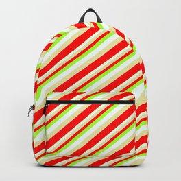 [ Thumbnail: Light Green, Mint Cream, Pale Goldenrod & Red Colored Stripes/Lines Pattern Backpack ]