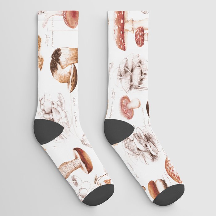 Hand-drawn watercolor seamless pattern of the different mushrooms. Repeated natural background with mushrooms Socks