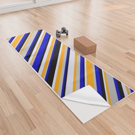 [ Thumbnail: Eye-catching Blue, Grey, Orange, Lavender, and Black Colored Stripes/Lines Pattern Yoga Towel ]