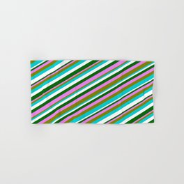 [ Thumbnail: Colorful Violet, Green, Dark Turquoise, White & Dark Green Colored Lines/Stripes Pattern Hand & Bath Towel ]
