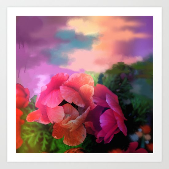 Summer garden with Anemones Art Print
