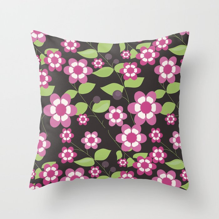 Graphic flowers: Britannia Flowers (black, pink and green) Throw Pillow
