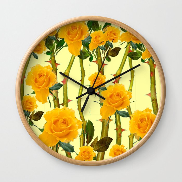 GOLDEN ROSES & THORNY CANES ON  YELLOW Wall Clock