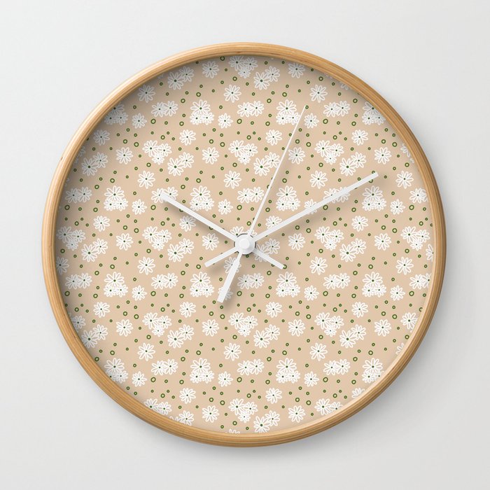 Daisies and Dots - White, Sand and Palm Green Wall Clock