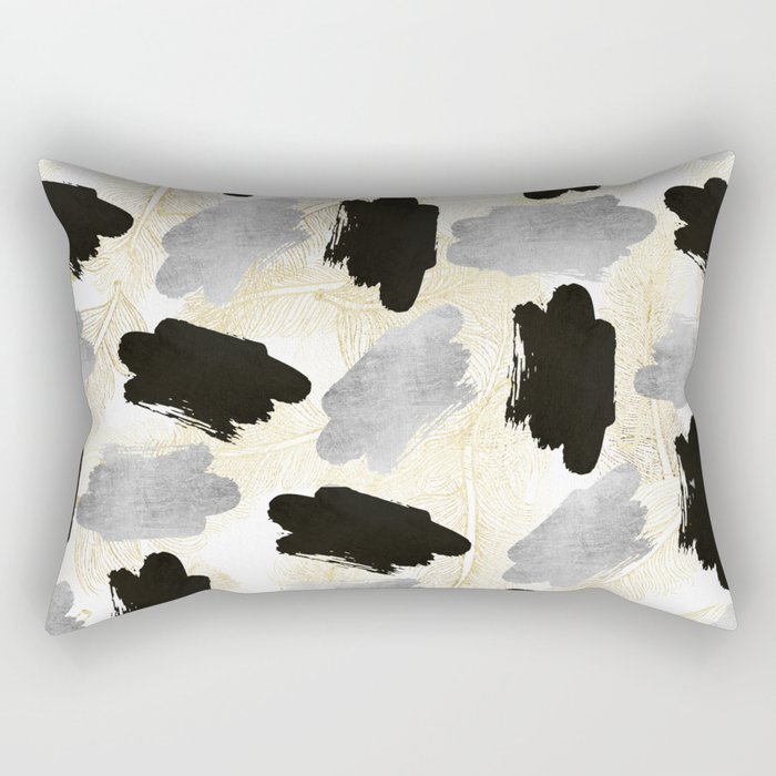 Modern black faux silver gold feathers brushstrokes Rectangular Pillow
