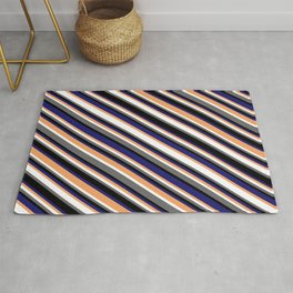 [ Thumbnail: Colorful Brown, White, Dim Gray, Black & Midnight Blue Colored Lines Pattern Rug ]